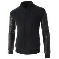 Men Black Slim Fit Fashion Casual Patched Bomber Down Jacket with Synthetic Leather Sleeves